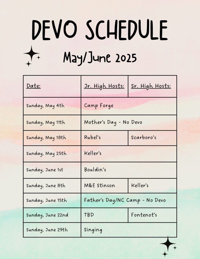 Jr. High School and High School Devotional Schedule for May - June 2025 - Lost River Church of Christ